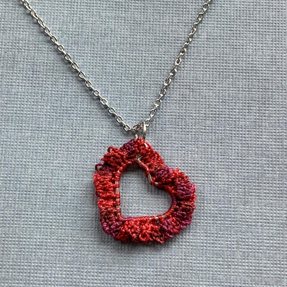 Simply Love Open Heart Pendant Necklace - Mixed Media - Fiber Metal - Small Open Silver Heart - Delicate Lacy Crochet Red Tones - Adjustable 18-19.5" picture