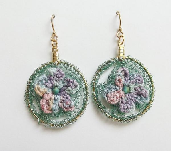 Crochet Flower Drop Dangle Earrings - Wire and Fiber - Sea Foam Green, Lavender, Pink, Blue, Apricot - Gold Wires - One of a Kind picture