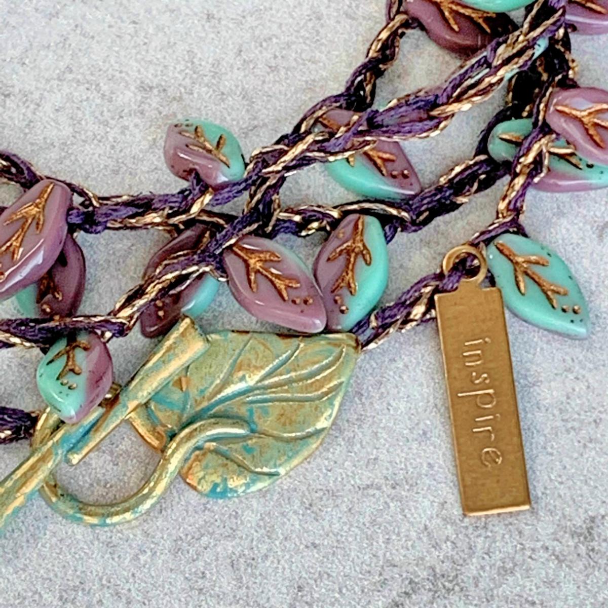 Turquoise Lavendar Gold Glass Leaves Wrap Bracelet or Necklace - Crochet - Inspire Charm - OOAK picture