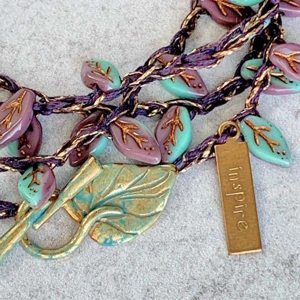 Turquoise Lavendar Gold Glass Leaves Wrap Bracelet or Necklace - Crochet - Inspire Charm - OOAK picture