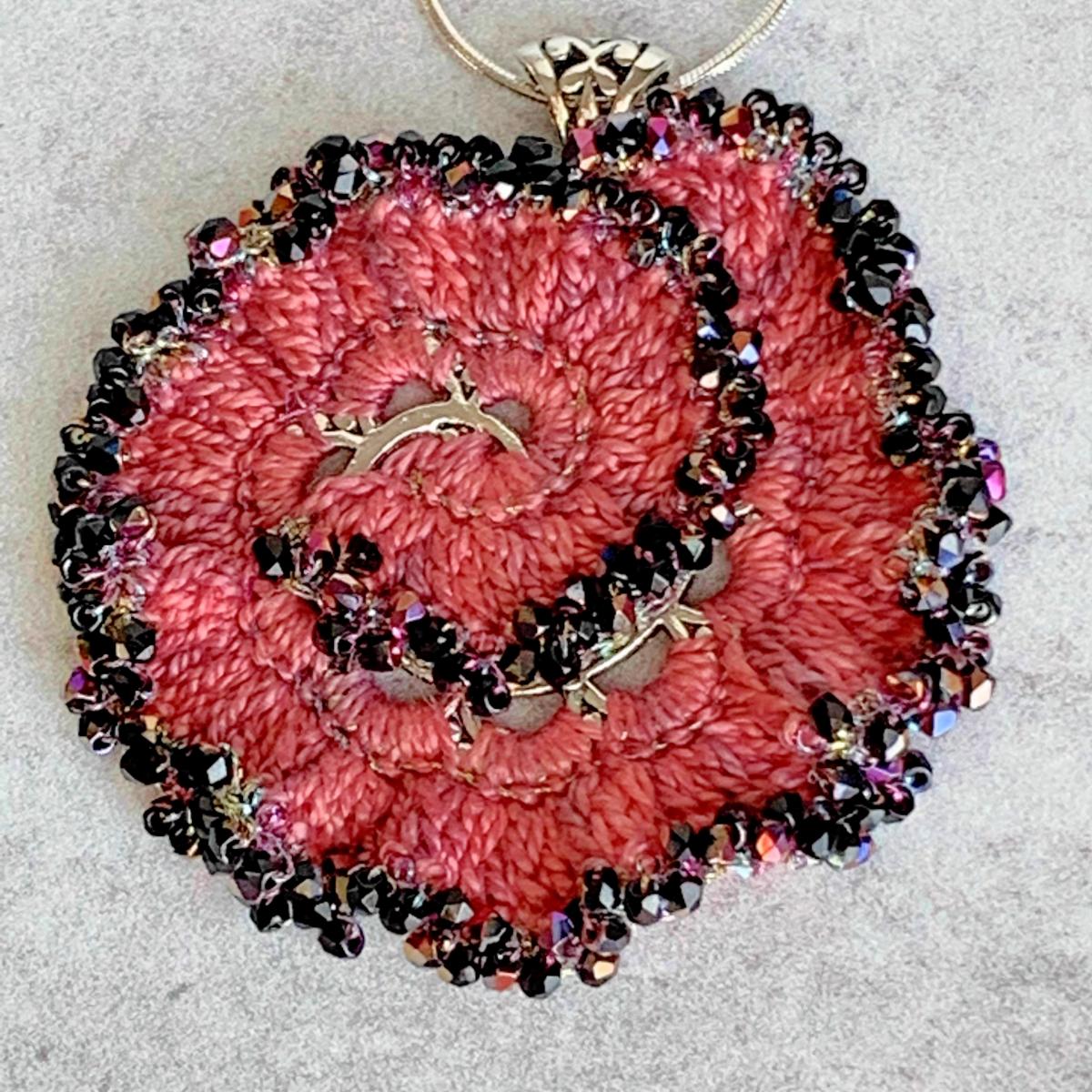 Curly Girl Spiral Swirl Pendant Necklace - Mixed Media - Metal Fiber Glass - Coral Hand-Dyed Thread, Metallic Wine Glass Beads - Crochet - OOAK picture