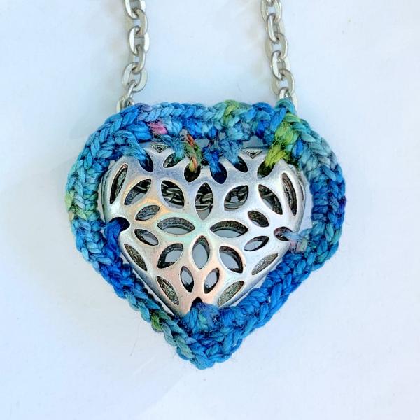 Slider Heart Pendant Necklace - Mixed Media - Antique Silver Filigree Metal Heart - Blue Green Multicolor Fiber - Matte Antique Silver Chain - 19 inch picture