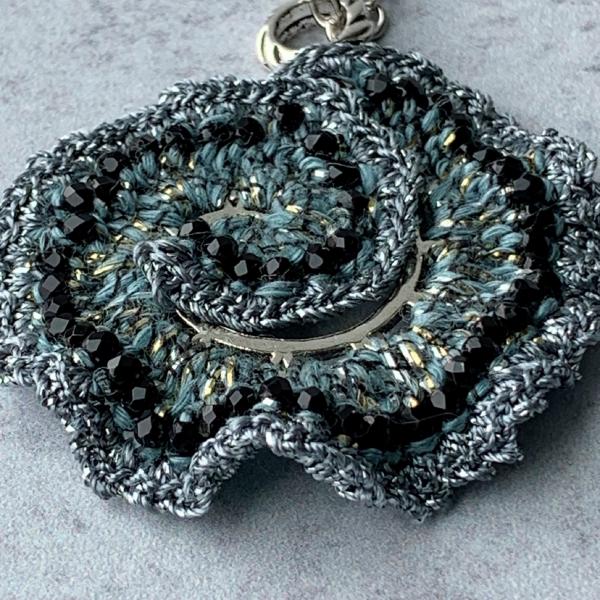 Curly Girl Spiral Swirl Pendant Necklace - Mixed Media - Metal Fiber Glass - Pale Sage Green, Silver, Black, Metallics - Crochet - OOAK picture