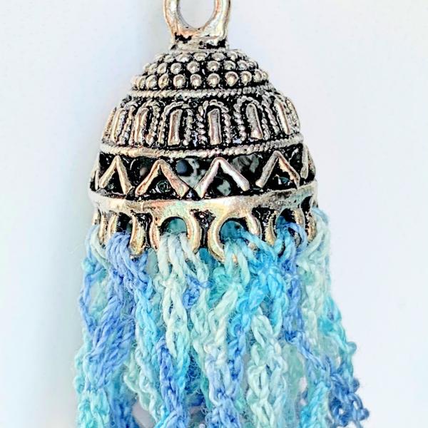 Sky Fringe Earrings - Mixed Media: Metal, Fiber, Glass - Blue Aqua - Iridescent Silver Aqua Rain Drop Glass Beads - Hand-Dyed Cotton Thread - OOAK picture