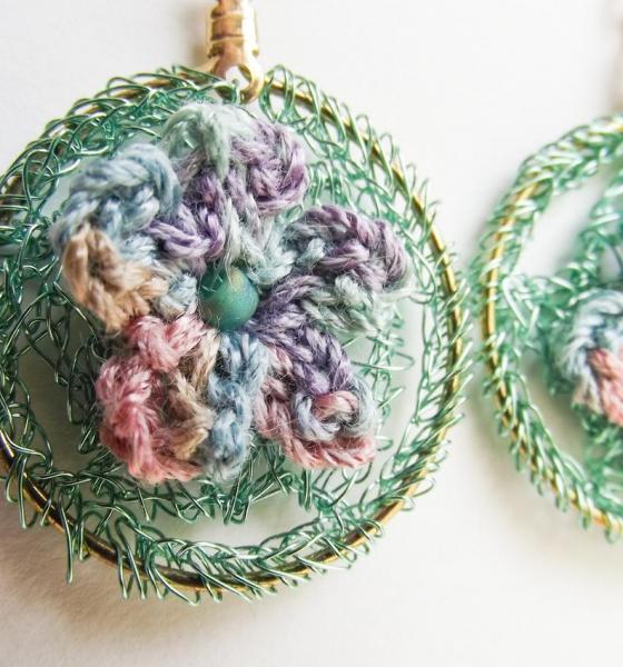 Crochet Flower Drop Dangle Earrings - Wire and Fiber - Sea Foam Green, Lavender, Pink, Blue, Apricot - Gold Wires - One of a Kind picture