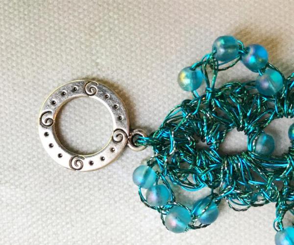 Crochet Beaded Wire and Fiber Lacy Cuff Bracelet with Glass Beads - Aqua, Turquoise, Teal - 7 1/2 inches long, 1 1/2 inches wide picture