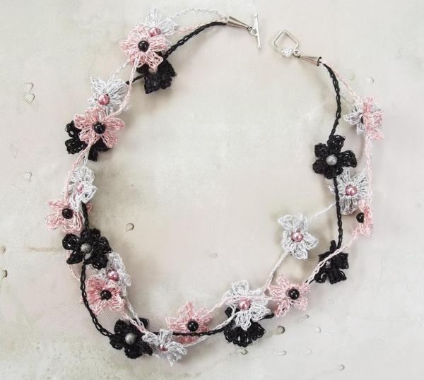 Multi Strand Crochet Flower Necklace in Pink, Black, and Silver - One of a Kind - Garlands of Flowers picture