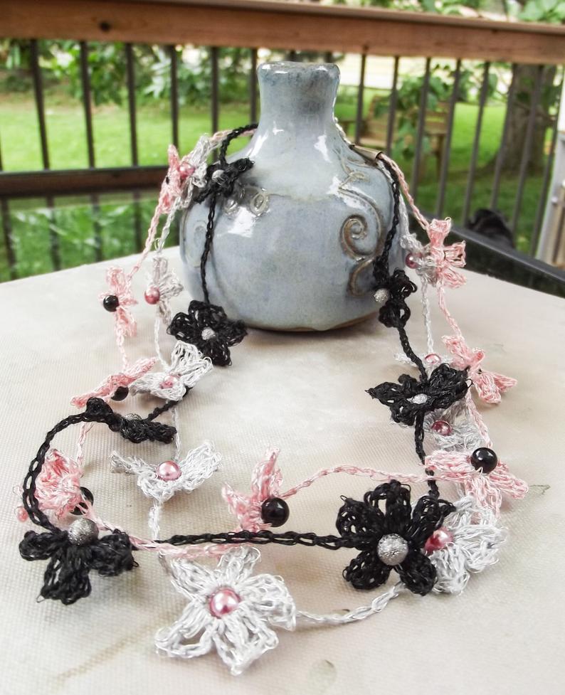 Multi Strand Crochet Flower Necklace in Pink, Black, and Silver - One of a Kind - Garlands of Flowers picture