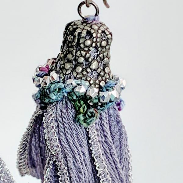 Silk Ribbon Tassel Earrings - Gray Silver - Gunmetal Filigree Caps - Pewter Silver Glass Beads - Crochet Embellishment - Mixed Media - OOAK picture