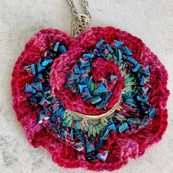 Curly Girl Spiral Swirl Pendant Necklace - Mixed Media - Metal Fiber Glass - Vibrant Red Magenta Fuschia - Teal Glass Beads - Crochet - OOAK picture