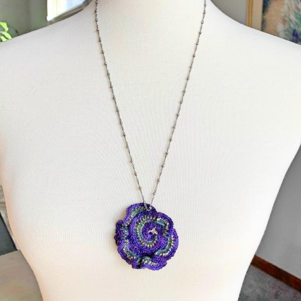 Curly Girl Spiral Swirl Pendant Necklace - Mixed Media - Metal Fiber Glass - Purple, Green, Silver, Iridescent Metallic Beads - Crochet - OOAK picture