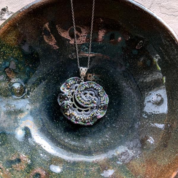 Spiral Swirl Pendant Necklace - Mixed Media - Metal Fiber Glass - Gray Silver Iridescent Vitrail - Crochet - Adjustable Length 20-22 inches - OOAK picture