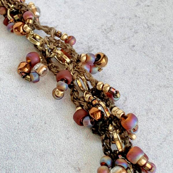 Brown Gold Copper Bronze Topaz Mixed Media Beaded Chain Necklace - Crocheted Fiber, Metal Chain, Glass Beads - OOAK picture