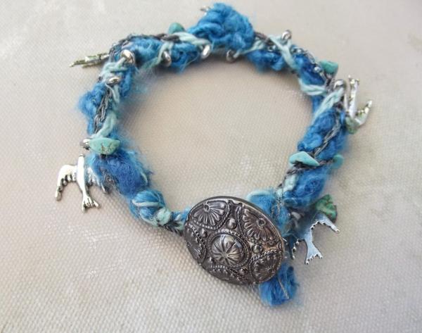 Boho Turquoise Crochet Bracelet with Silver Bird Charms, Button Close - One of a Kind - Fiber, Wire, Natural Turquoise picture