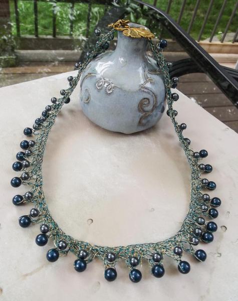 Teal and Brass Crochet Beaded Collar Necklace with Swarovski Crystal Peals - One of a Kind Statement Necklace