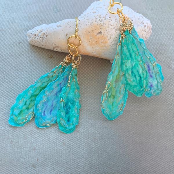 Triple Drop - Colors of the Caribbean Sea- Mixed Media Earrings - Fiber Wire Paper - Turquoise Gold Blue Green - Crochet - One of a Kind picture