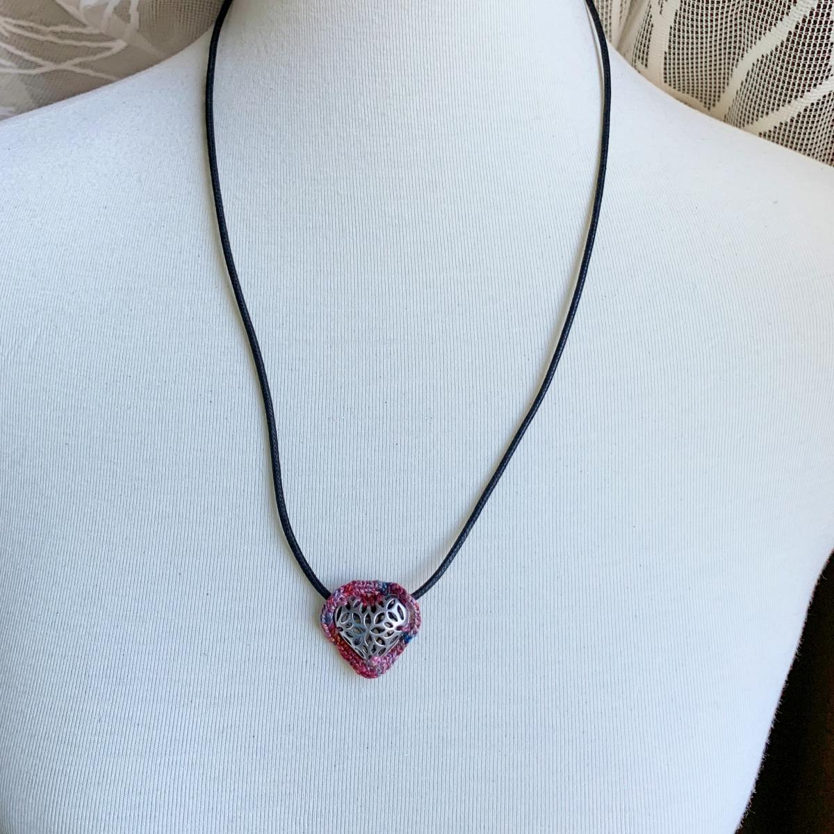 Slider Heart Pendant Necklace - Mixed Media - Antique Silver Filigree Metal Heart - Pink Red Multicolor Fiber - Black Waxed Cotton Cord - 23 inch picture