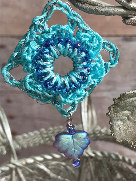 Tranquil Borders Hand Crochet Wire and Fiber Drop Pierced Earrings - Aqua and Amethyst - Glass Beads - One of a Kind - Nickel Free Posts picture