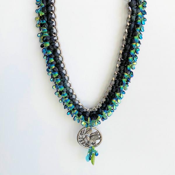 Pewter Raven Pendant Mixed Media Necklace - Black Blue Green - Silver Chain, Glass Beads, Sari Silk - Crochet -20 inch picture
