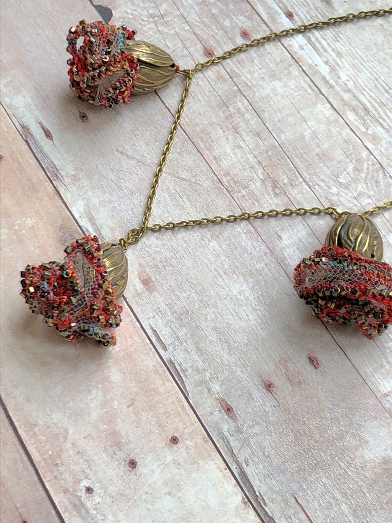 Colors of Frida - One of a Kind Statement Necklace - 3 Flower Pendants - Multi Media - Fiber Metal Glass - Multi Color- Reds Coral Blue picture