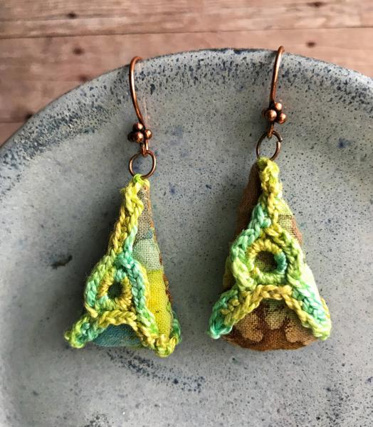 Triangle Batik Fabric and Crochet Earrings - Shades of Green - Hand Crocheted and Hand Sewn - Copper Earring Wires - One of a Kind