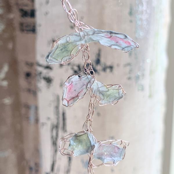 Whispering Petals Mixed Media Necklace - Subtle Pinks, Pale Green, White - Rose Gold Wire - Lightweight - One of a Kind - 19 inch - floral picture