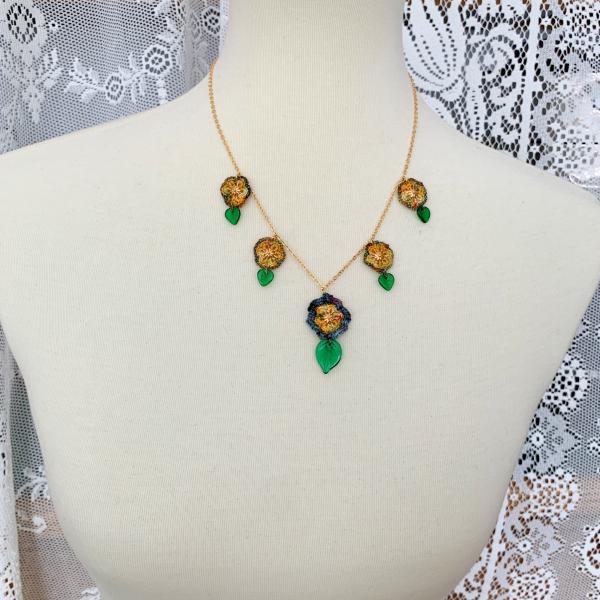 Golden Yellow Five Flowers Necklace - Mixed Media - Green Glass Leaves - Fiber - Gold Chain - Crochet - Adjustable Length 18 to 19 1/2" picture