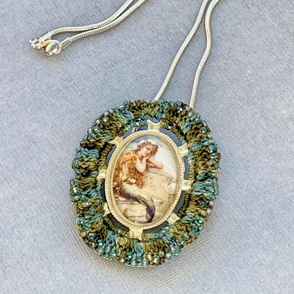 Vintage 1930's Mermaid Pendant Brooch - Mixed Media - Embellished with Bead Crochet - Silver, Blue, Green - Serpentine Chain - One of A Kind