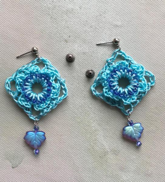 Tranquil Borders Hand Crochet Wire and Fiber Drop Pierced Earrings - Aqua and Amethyst - Glass Beads - One of a Kind - Nickel Free Posts picture
