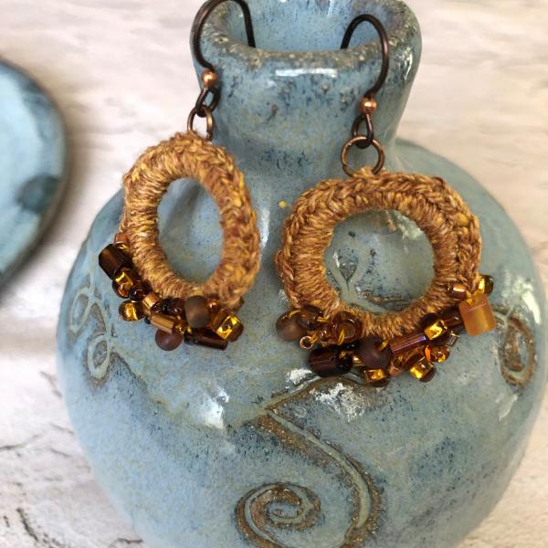Beaded Golden Brown Linen Circular Ring Drop Earrings - One of a Kind