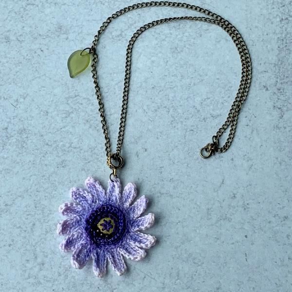 Blue Violet Purple Hand-Painted Flower Pendant Necklace - Mixed Media - Embroidery - Bead Crochet - Glass Leaf - 20 inch Brass Chain - OOAK picture