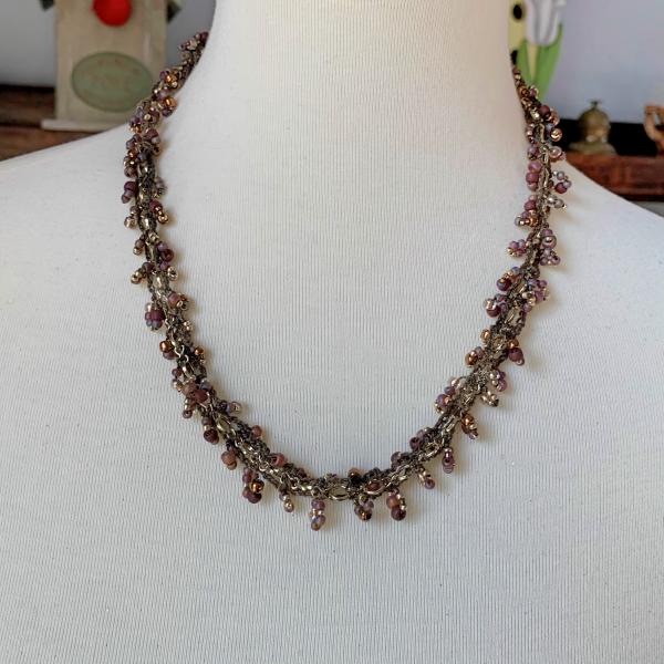 Brown Gold Copper Bronze Topaz Mixed Media Beaded Chain Necklace - Crocheted Fiber, Metal Chain, Glass Beads - OOAK picture