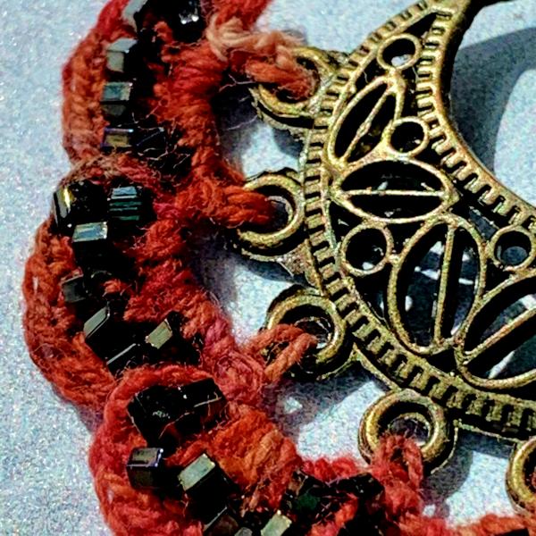 Filigree Flames Pendant Necklace - Hand-Dyed Thread in Shades of Red and Orange Crocheted into an Antique Brass Filigree Drop Pendant - OOAK picture