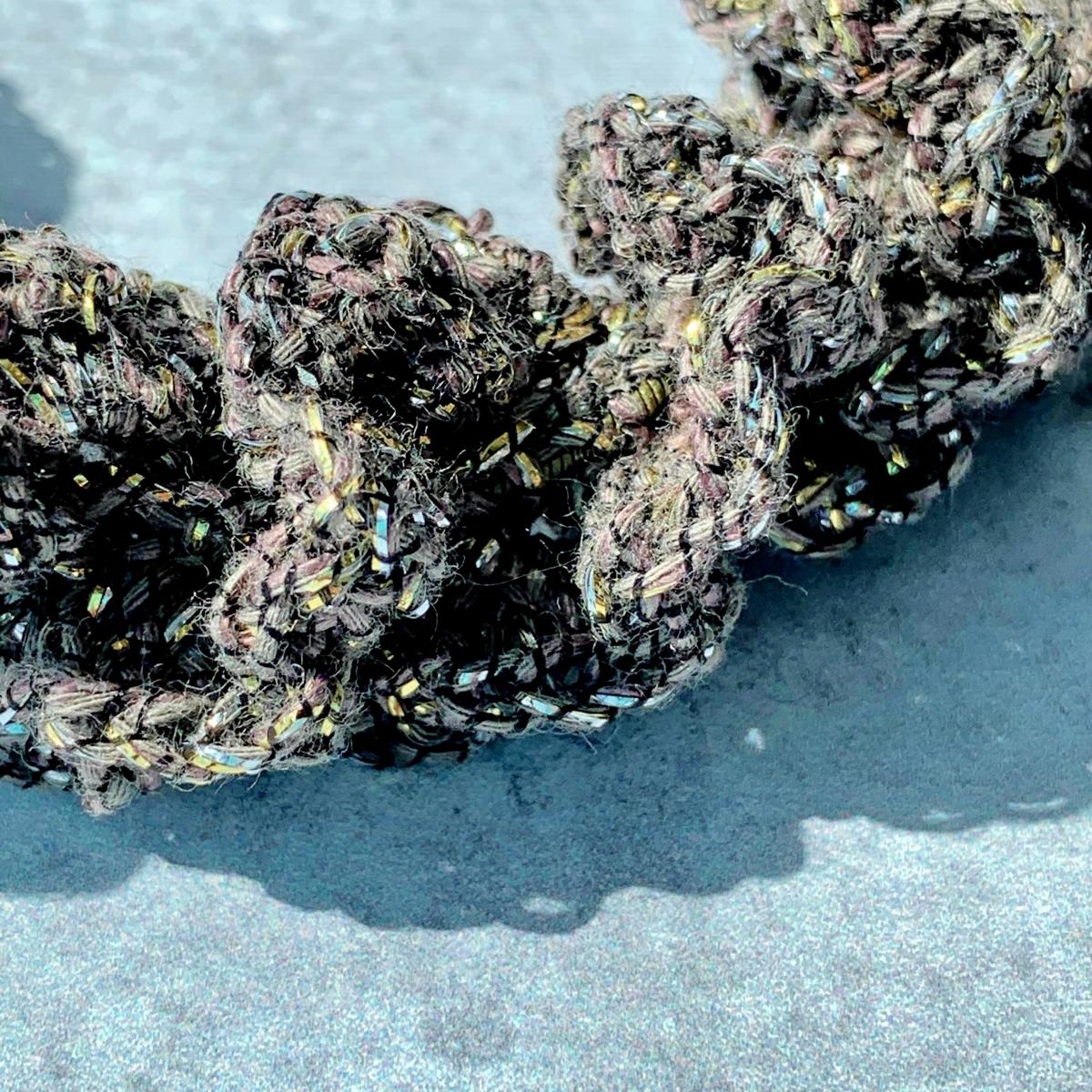 Sparkling Spiral Ruffle Necklace - Taupe Black Silver Gold - Cotton Linen Metallic Blend Thread - Antique Brass Snake Chain - One of a Kind picture