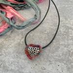 Slider Heart Pendant Necklace - Mixed Media - Antique Silver Filigree Metal Heart - Pink Red Multicolor Fiber - Black Waxed Cotton Cord - 23 inch