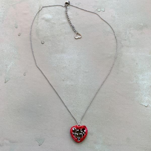 Simple Lacy Red Heart Pendant - Mixed Media - Silver Metal Filigree - Hand-Dyed Red Multicolor Thread - Adjustable Length 18-20 inches - One of a Kind picture