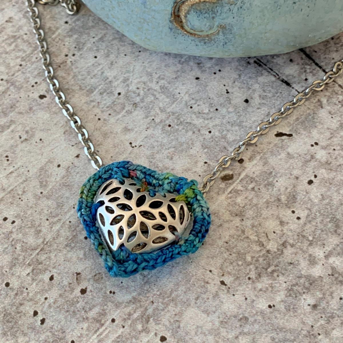Slider Heart Pendant Necklace - Mixed Media - Antique Silver Filigree Metal Heart - Blue Green Multicolor Fiber - Matte Antique Silver Chain - 19 inch picture