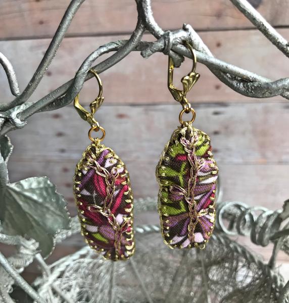 Hand Sewn and Embroidered Fabric Drop Earrings - Vine - Brown, Lavender, Pink, Spring Green, Magenta, Gold - Nickel Free Gold Lever Back