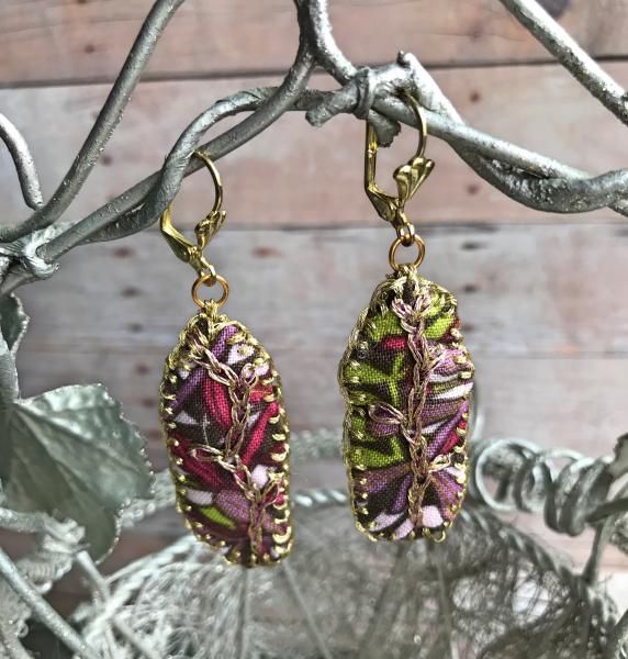 Hand Sewn and Embroidered Fabric Drop Earrings - Vine - Brown, Lavender, Pink, Spring Green, Magenta, Gold - Nickel Free Gold Lever Back picture