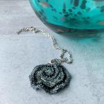 Curly Girl Spiral Swirl Pendant Necklace - Mixed Media - Metal Fiber Glass - Pale Sage Green, Silver, Black, Metallics - Crochet - OOAK