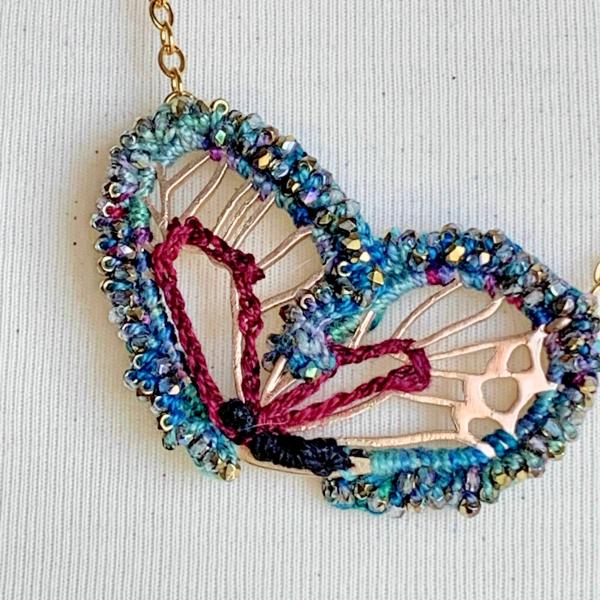 Butterfly Wing Necklace - Mixed Media - Gold Chain - Fiber Metal Glass - Blue Green Teal Garnet Black - Iridescent Glass Beads - Crochet Embroidery picture