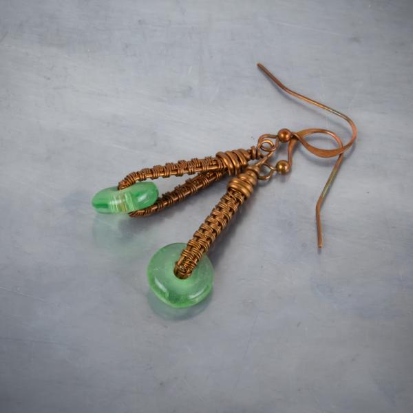 Green recycled glass wire woven loop earring picture