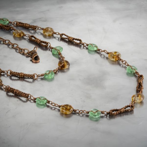 Recycled glass and copper woven double strand necklace