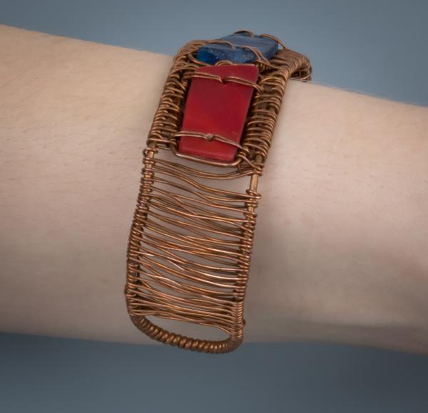 Red & Blue tumbled glass copper woven cuff bracelet. picture