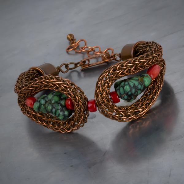 Turquoise, red coral copper viking knit cuff