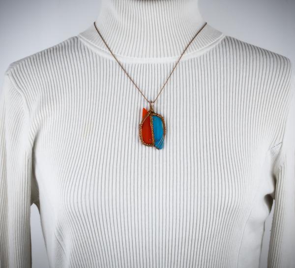 Caribbean blue & orange tumbled glass copper woven pendant picture