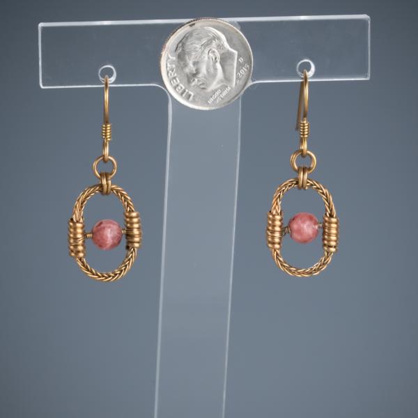 Rhodochrosite and bronze braided oval earrings picture