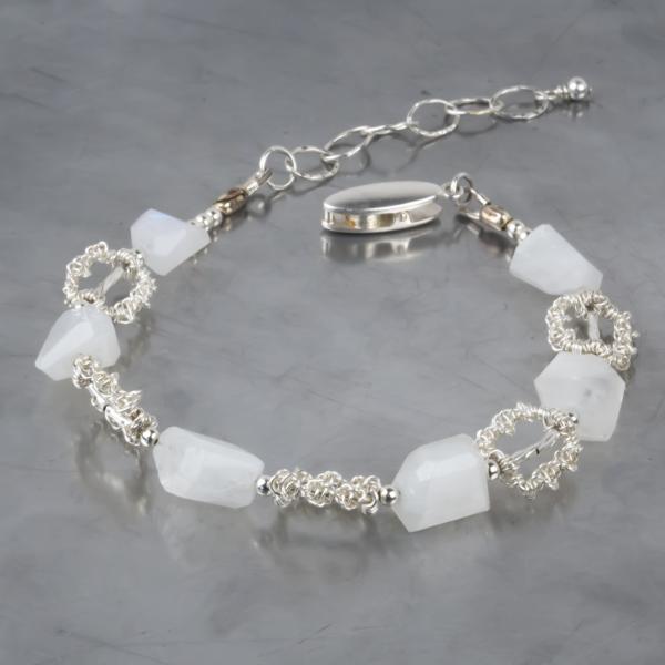 Moonstone and sterling silver wire woven bracelet