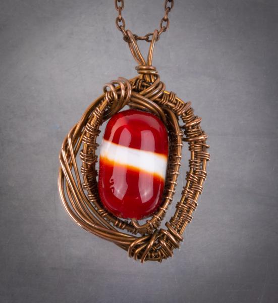 Red & white flame work bead copper woven pendant picture