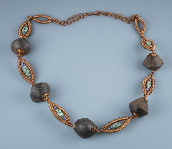 African spindle bead, moss agate, sodalite copper wire work necklace picture